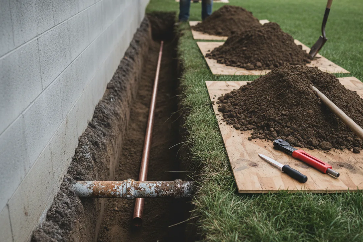 Excavated water line trench during Sewer Line Repair in Artemas